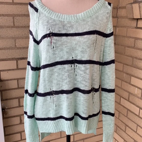 Miracle Mint Green Distressed Wide Neck Knit Stripe Top - Picture 4 of 11